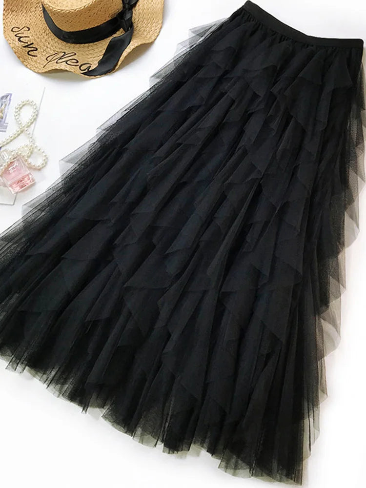 Fashion Tutu Tulle Skirt Women Long Maxi Skirt Spring Summer Korean Black Pink High Waist Pleated Skirt Female black One Size