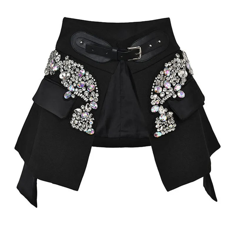 Black Irregular Rhinestones Belted Mini Half-body Skirt High Waist Women Fashion Tide New Spring Autumn black