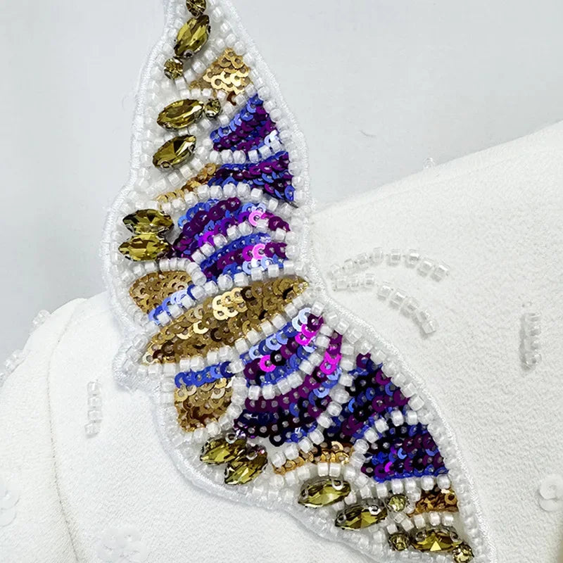 TWOTWINSTYLE Solid Two Piece Sets for Women Notched Neck Long Sleeve Spliced Sequins Blazer High Waist Wide Leg Pants Set Female