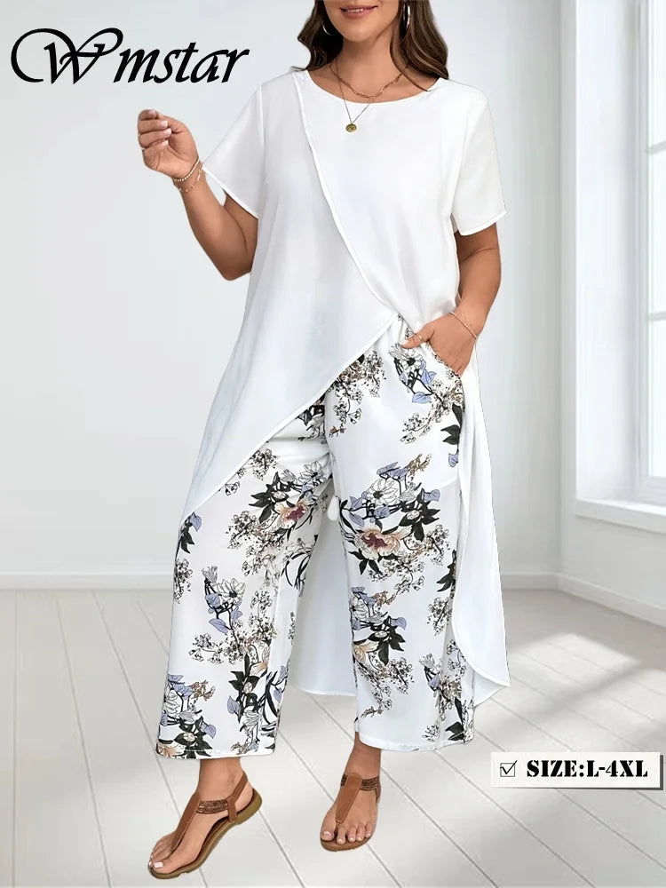 Wmstar Plus Size Two Piece Sets Women Wholesale Long Top and Print Wide Leg Summer Matching Suit Fashion Street Wear 2025