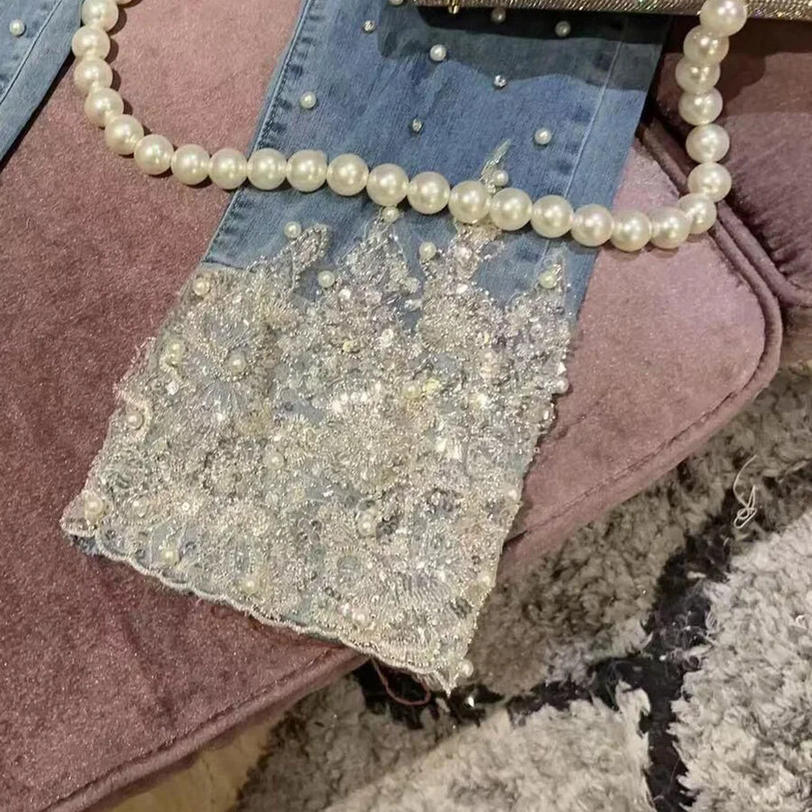 Pearl sequined jeans for women new high-waisted denim pants fashion