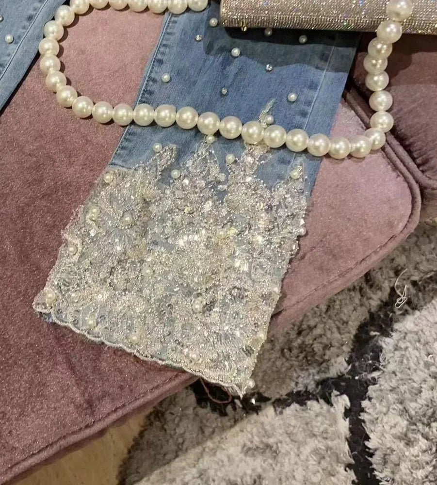 Pearl sequined jeans for women new high-waisted denim pants fashion