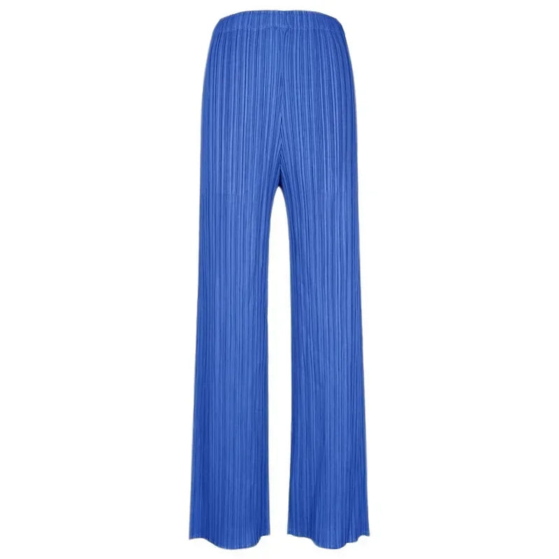 Spring Summer Autumn Women Casual Elegant Ladies Miyake Designer Casual Loose Straight Pleated Pants High Waist Trousers Blue One Size