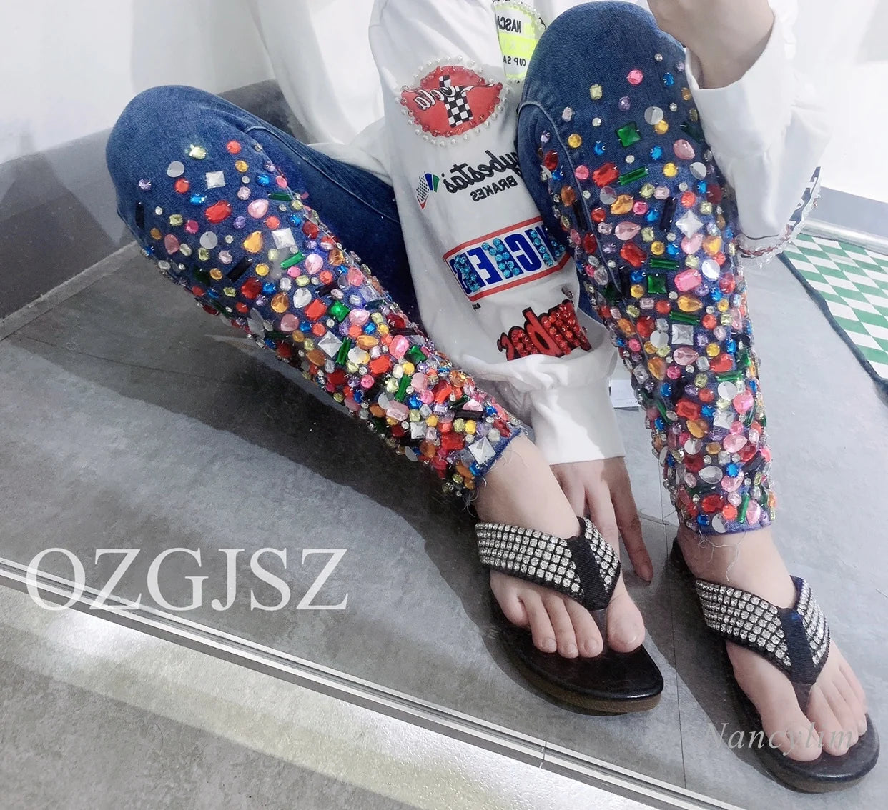 European Fashion Blue Jeans Women Heavy Industry Color Diamond Design Comfortable Soft Stretch Denim Skinny Jeans Denim Pants