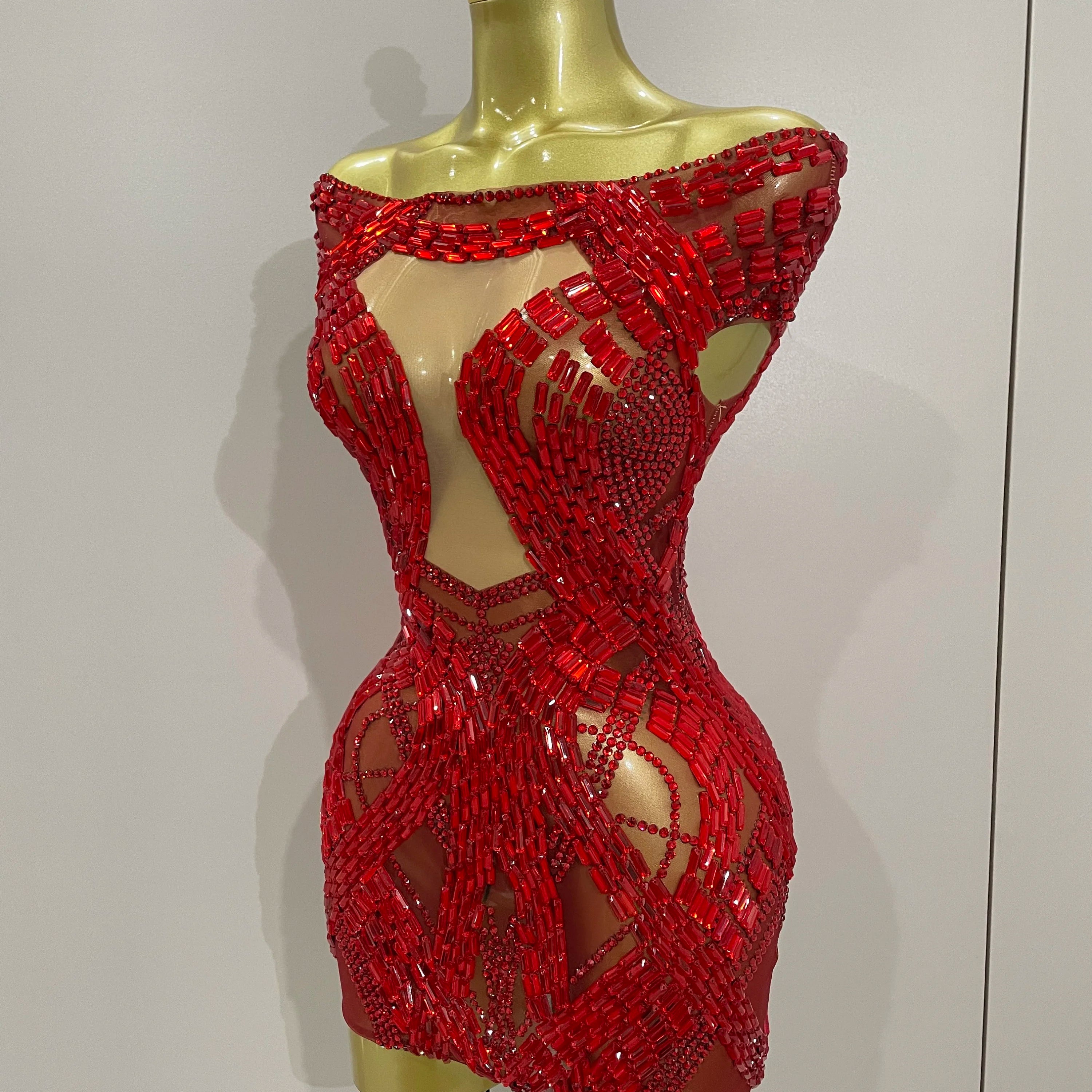 2025 Shining Red Rhinestones Sexy Mesh See-Through Mini Dress Women Celebrate Evening Prom Birthday Party Dress Stage Shoot Wear