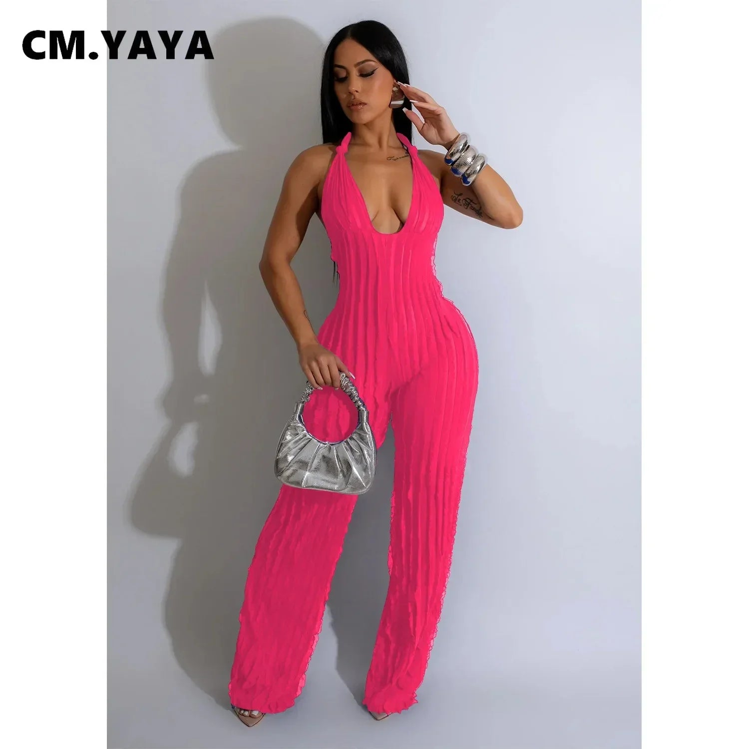 CM.YAYA Fashion Ruffles Women Halter Deep V-neck Backless Wide Leg Jumpsuit 2023 Sleeveless Chic Playsuit One Piece Suit Romper