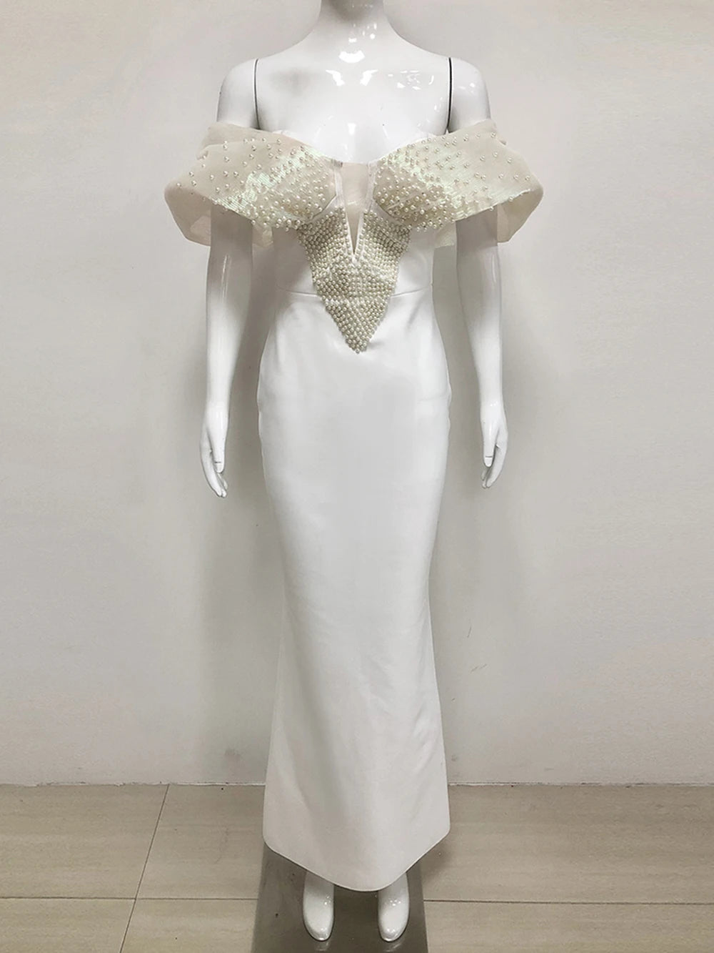 Women Sexy Pearl Beading Tight Maxi Bandage Dress Off The Shoulder Patchwork Bodycon Clothes Club Evening Party Elegant Gown