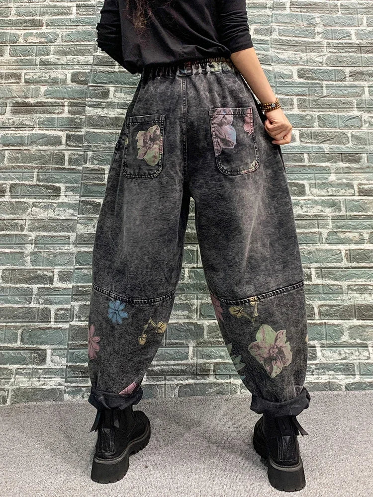 Spring Womens Fashion Jeans Ladies Loose Vintage Printed Denim Pants Females Classic Casual Floral Harem Trousers