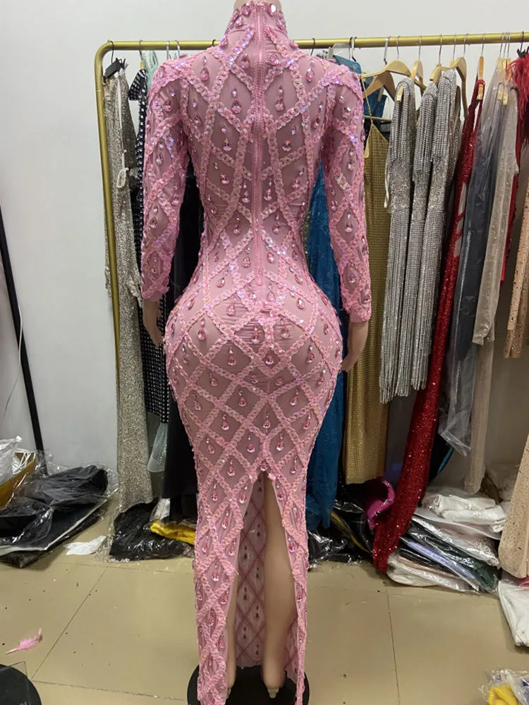 Pink Color Women Long Sleeve Sexy Mesh Big Crystal Bodycon Long Dress Celebrate Birthday Bar Singer Performance Costume Wear