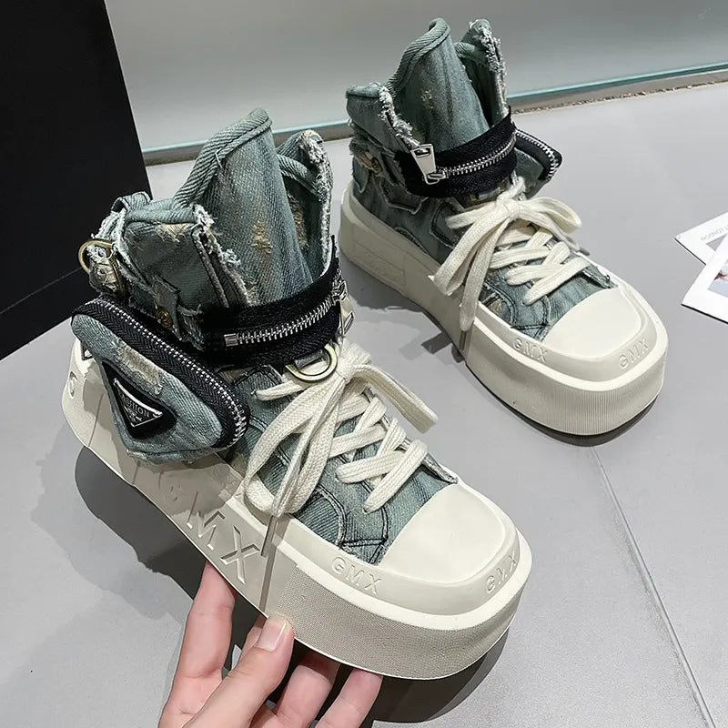 New Women's Ankle Boots Fashion Cowboy Knight Boot Punk Gothic Classic Denim Canvas Shoes Short Goth Platform Shoes Blue