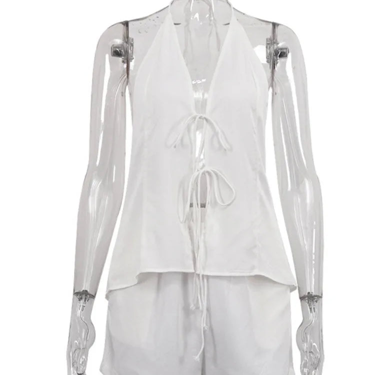 Lace-up Sexy Two Piece Set Women White Halter Cropped Tops And Shorts Female Two-piece Sleeveless Top High Waist Shorts