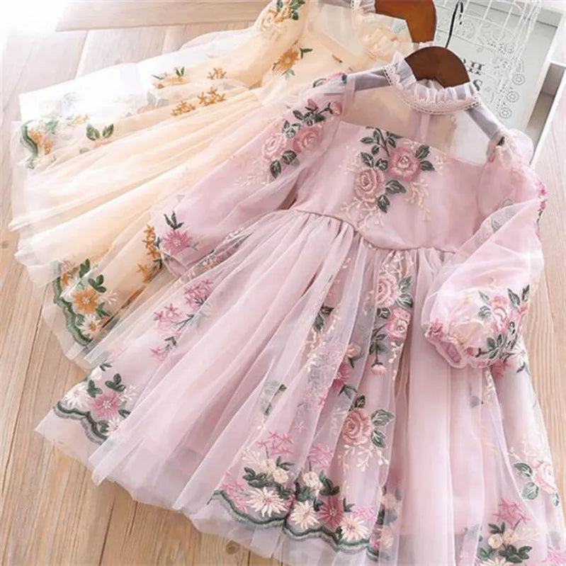 Gaun Bunga Gadis Bunga Elegan Pesta Pernikahan Gaun Putri Casual Pakaian Anak-anak Renda Lengan Panjang Berpakaian Vestidos Anak-Anak Untuk 3-8T