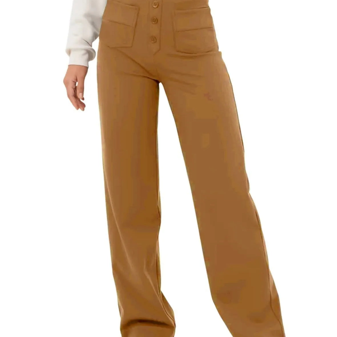 Women's High-waisted Elastic Casual Trousers Fashionable Casual Straight-leg Pants Buttoned Elegant Casual Pants Khaki