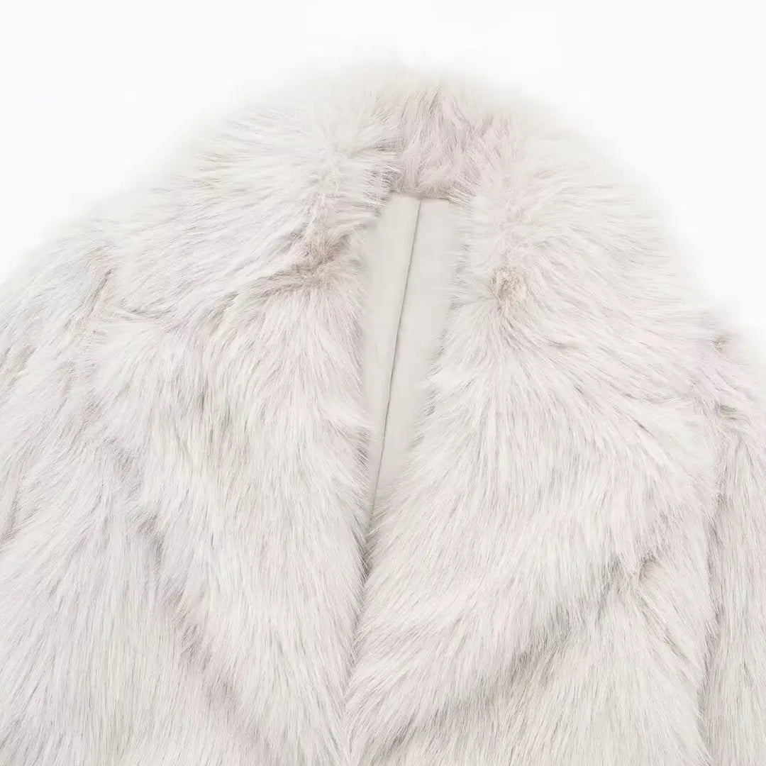 TRAFZA Female Fashion Solid Faux Fur Effect Long Sleeve Cardigan Coat Winter Women's Loose High Street Pockets Overcoat Mujer