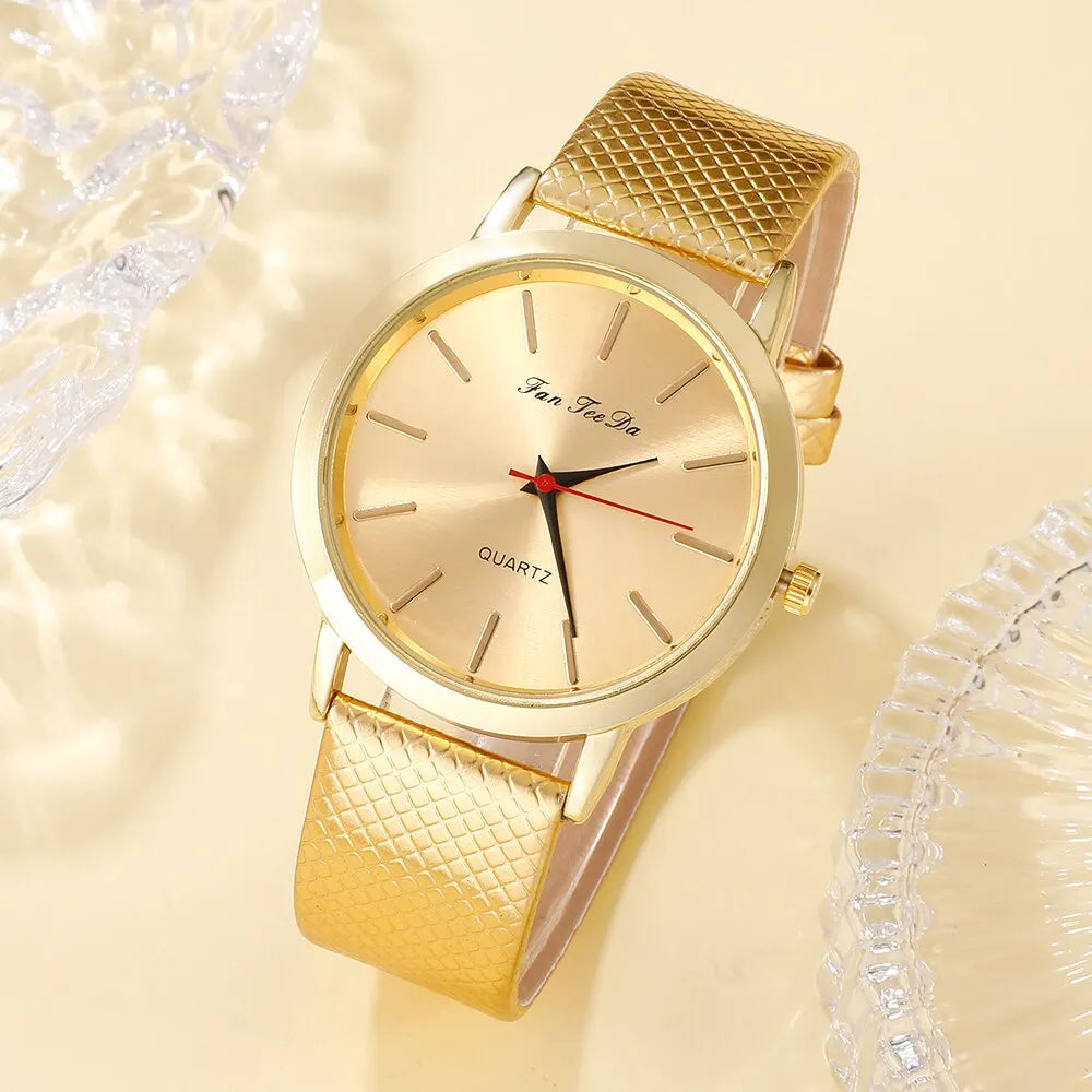 5PCS Set Womens Fashion Quartz Watches For Women Leather Watch Ladies Casual Dress Gold Dial Wrist Watch Clock Montre Femme