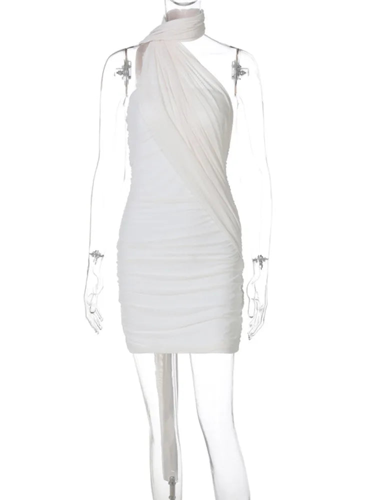 Mesh Strapless Backless Sexy Mini Dress For Women Robe Fashion Off-shoulder Sleeveless Ruched Bodycon Club Dress