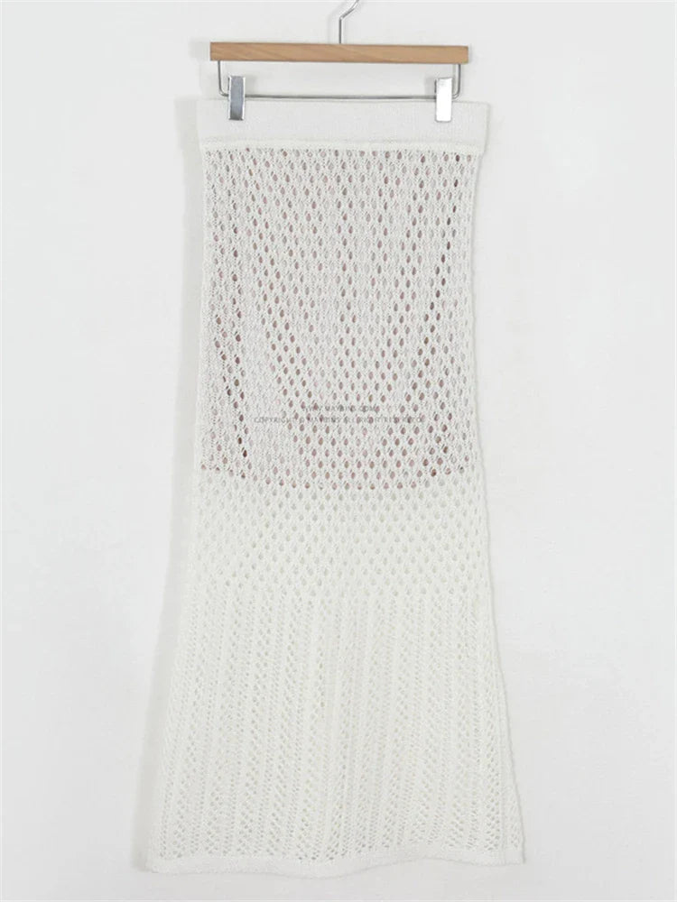 Tossy Summer Hollow Out Knit Long Skirt Casual Wrap Ladies Pencil See Through Midi Skirts 2022 Bodycon Korean Streetwear