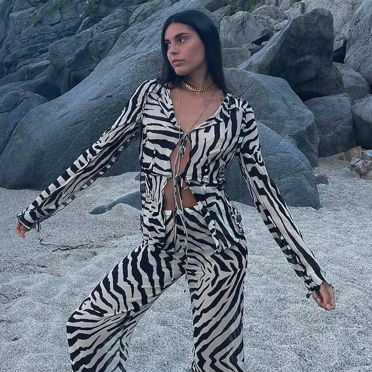 FSDA 2022 Tracksuit Women Print Y2K Long Sleeve Top Shirts Bandage And Pants Sexy Two Piece Set Casual Outfits Party Clubwear