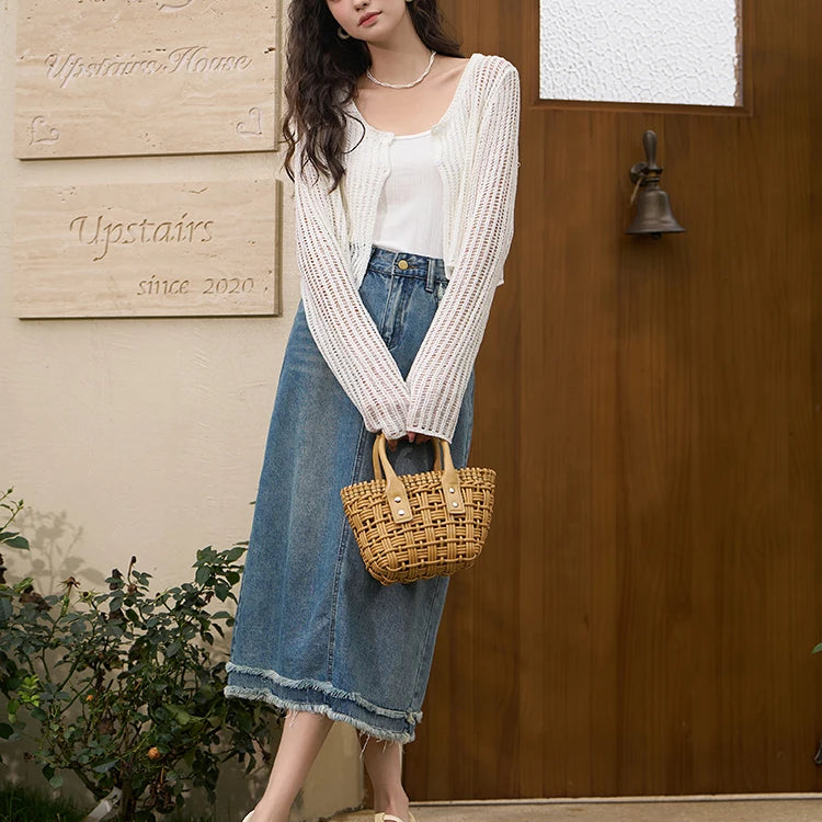 Hollow Out Knitted Cardigan Vest Two-piece Set for Women Summer Korean Sunscreen Single Breasted Sets