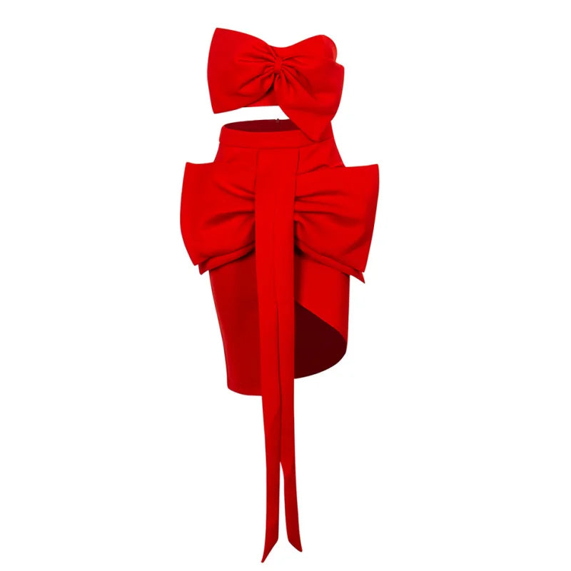 Sweet Bow Expose Wasit Woman Set Short Top And Bodycon Skirt 2 pieces Celebrate Birthday Party Vestido Summer Holiday Outfit