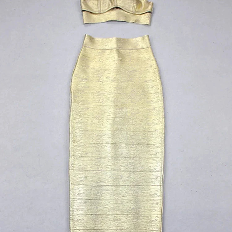 Women Summer Sexy Sleeveless Backless Bronzing Gold Midi Bodycon Skirt Bandage Set Elegant Evening Club Party Outfits