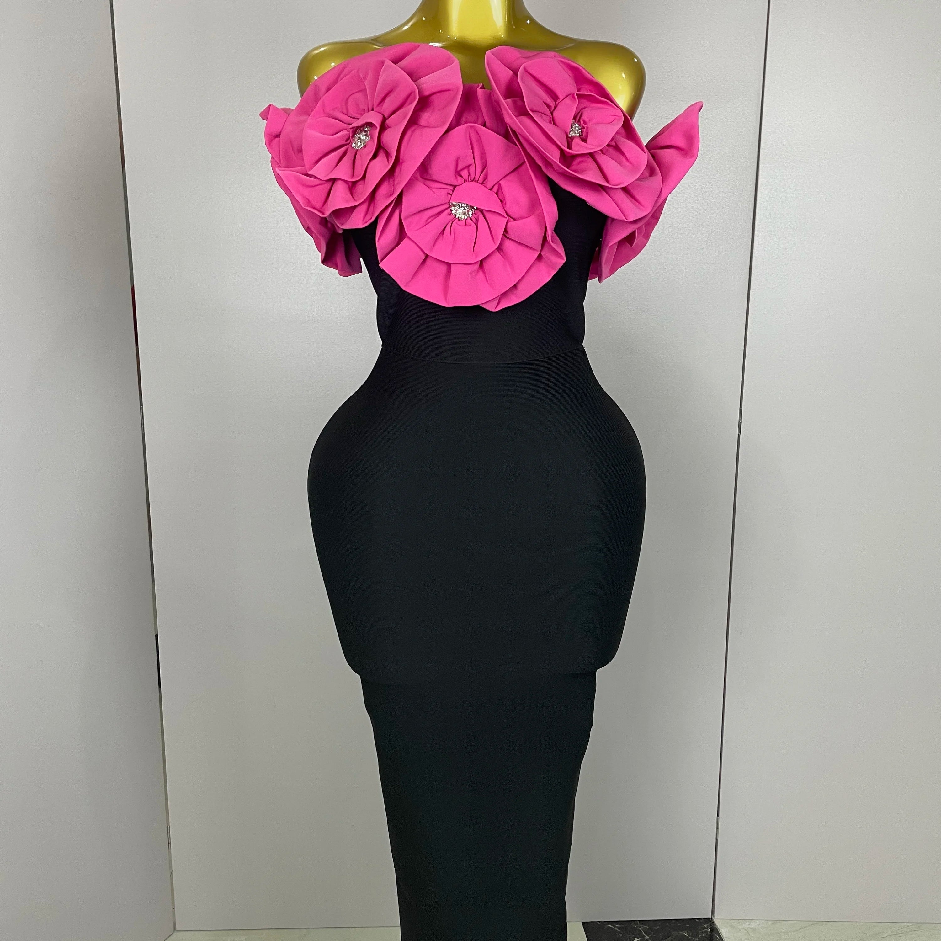 New Stereoscopic Red Flowers Sexy Off The Shoulder Ankle Lenght Bandage Dress Woman Birthday Party Vestido Wedding Party Outfit