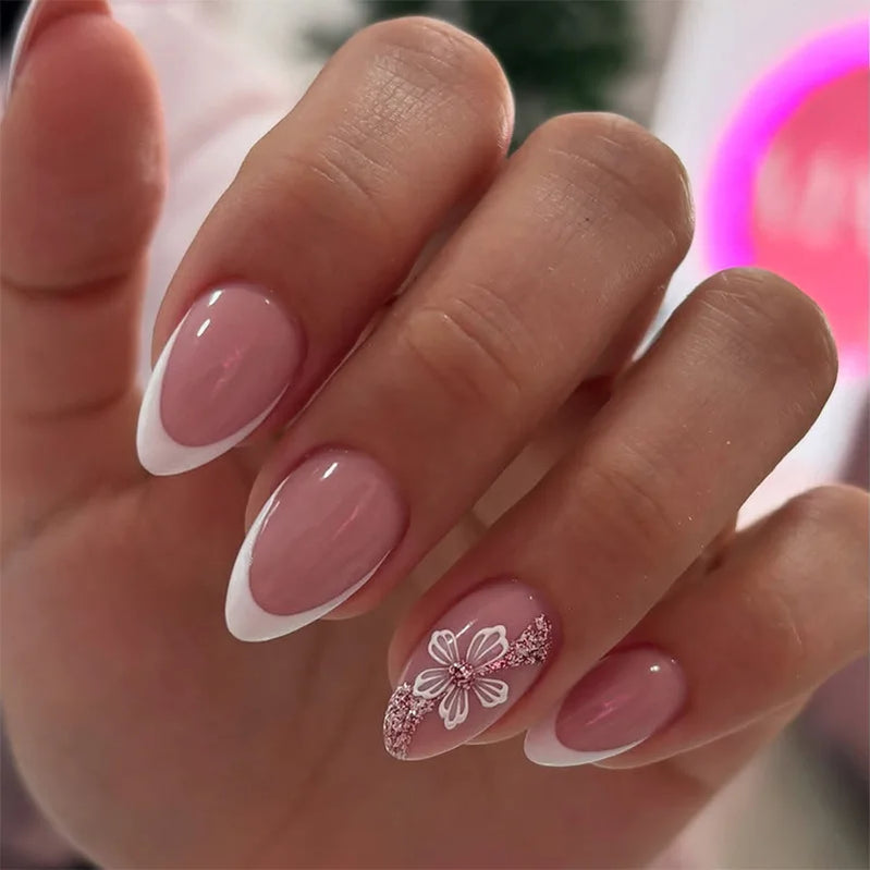 24Pcs Short Almond Fake Nails with Pink White French 3D Flower Design Press on False Nails Oval Detachable Full Cover Nails Tips