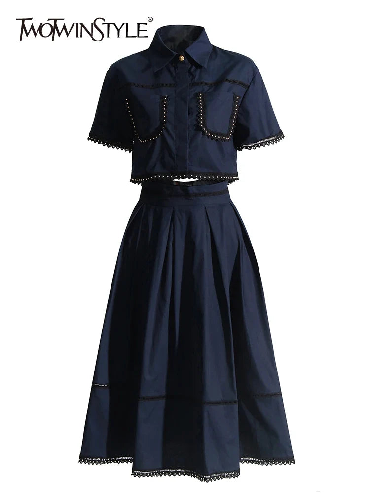 TWOTWINSTYLE Solid Summer Two Piece Sets For Women Lapel Short Sleeve Tops High Waist A Line Skirt Slim Set Female Fashion New
