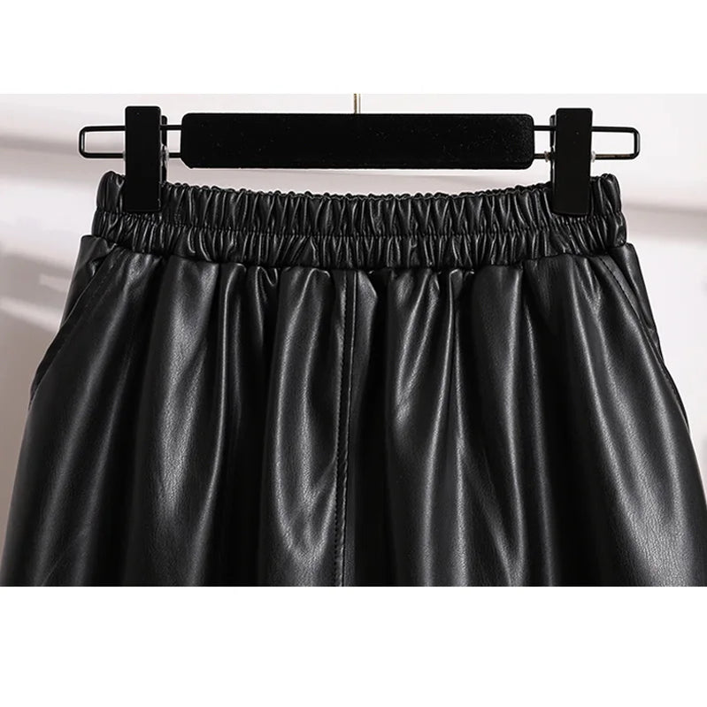 Large Size 4XL Black Long Vintage Faux Leather Skirt Women Autumn Winter Fashion A-Line Skirt Female Elegant PU Skirt