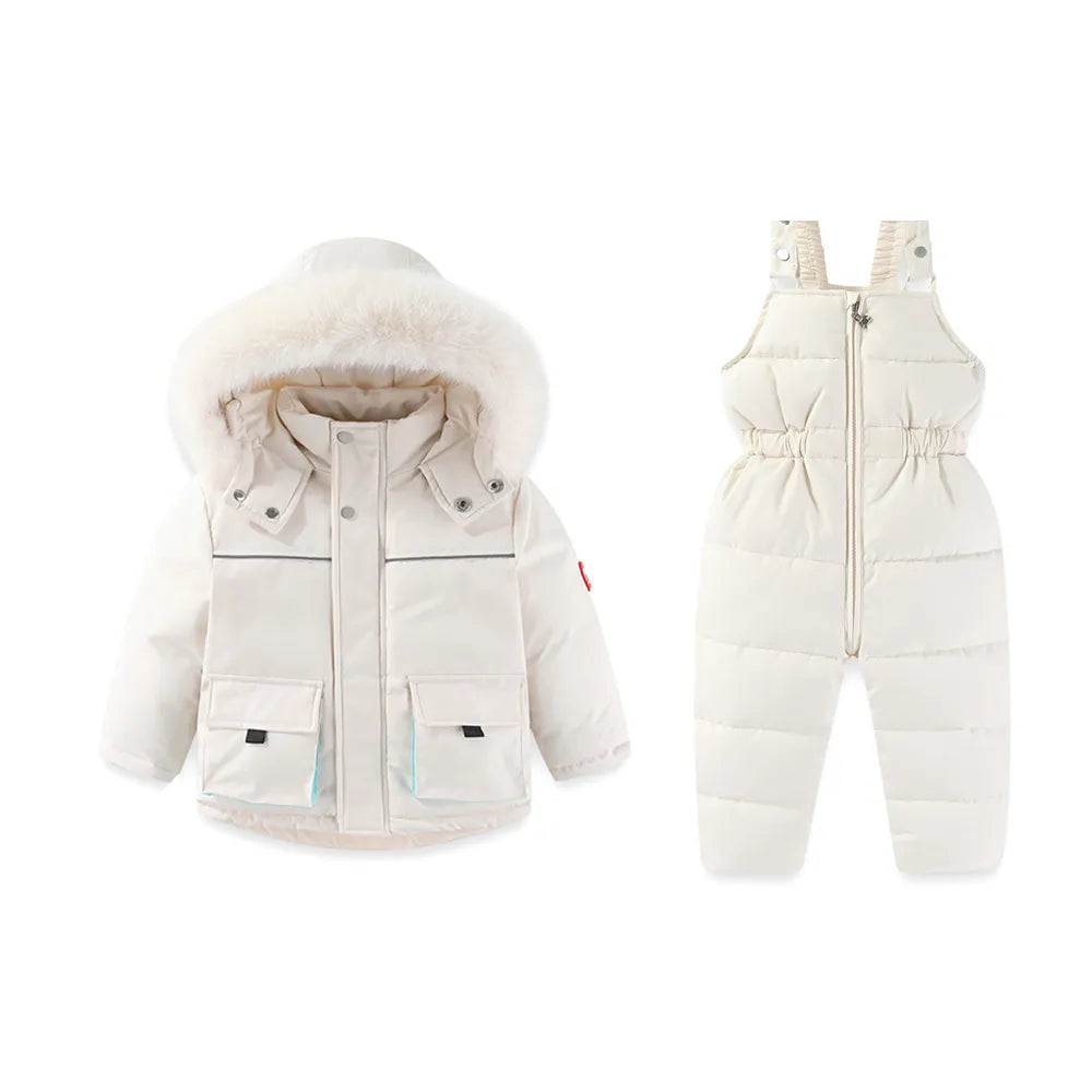 Children's Ski Wear 2 Piece Sets of Windproof Snow Jacket Pants -30C Thick Warm Cotton-padded Clothing Suit white
