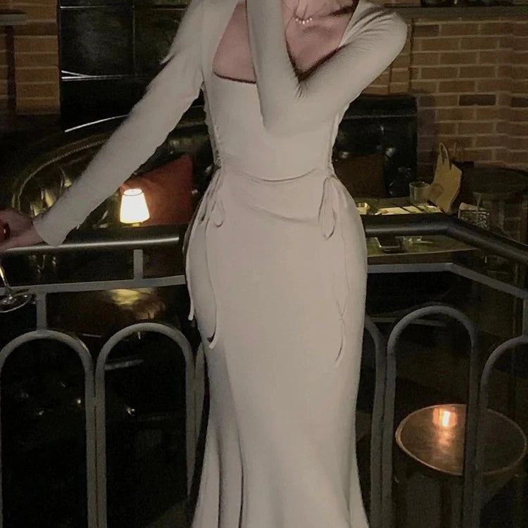 Women Fashion Vintage Chic Midi Dress Elegant Casual Bodycon Slim Party Birthday Dresses Female One Pieces Robe Clothes Mujers beige