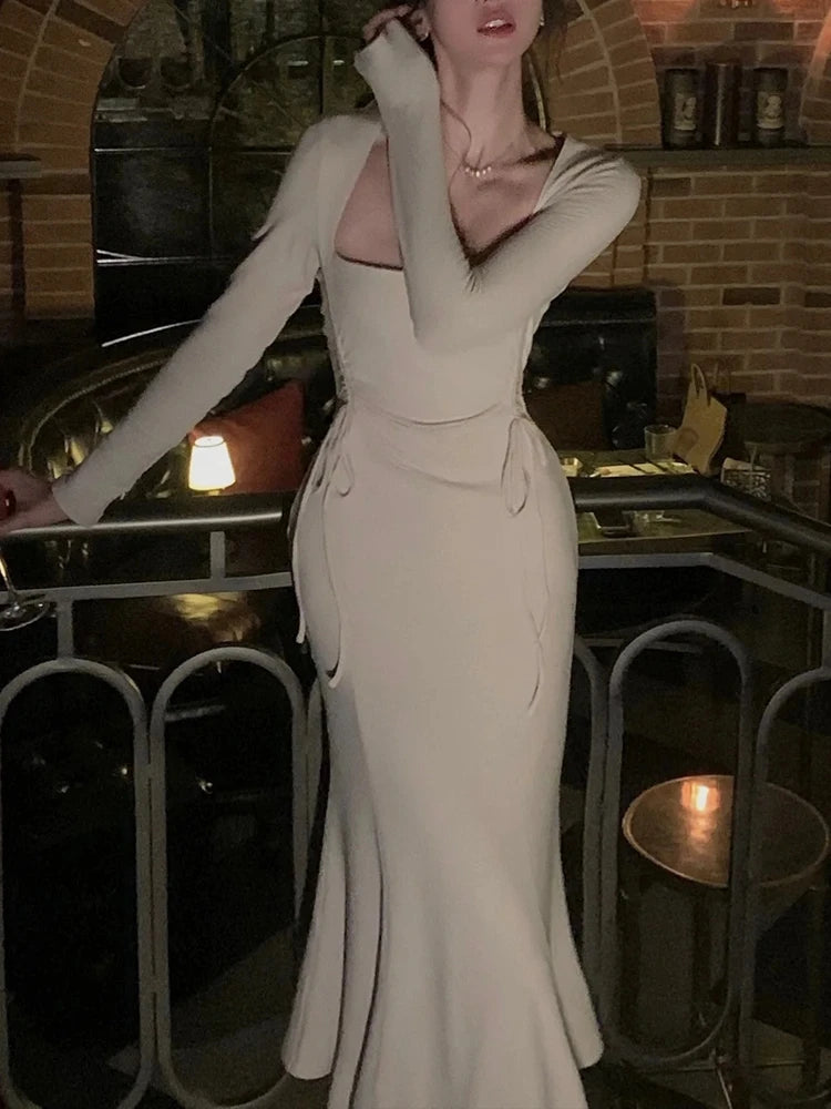 Women Fashion Vintage Chic Midi Dress Elegant Casual Bodycon Slim Party Birthday Dresses Female One Pieces Robe Clothes Mujers beige