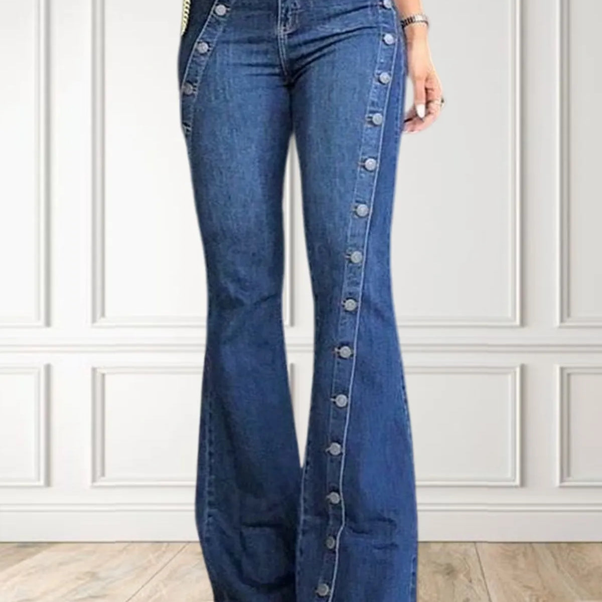 Women Fashion Plain Button Decor Flare Leg Long Denim Pants Flare Jeans Jeans Ladies High Waist Skinny bottom Wide Leg Jeans Blue