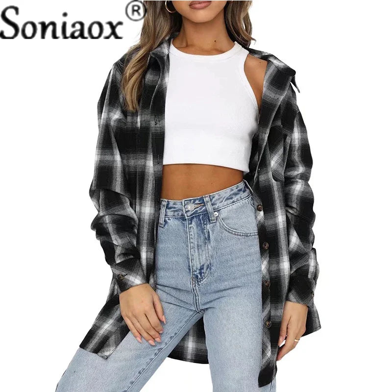 Flannel Plaid Shirt Women Autumn Loose Button Up Lapels Tops Casual Checkered Long Sleeve Blouse Ladies Pockets Basic Female New black