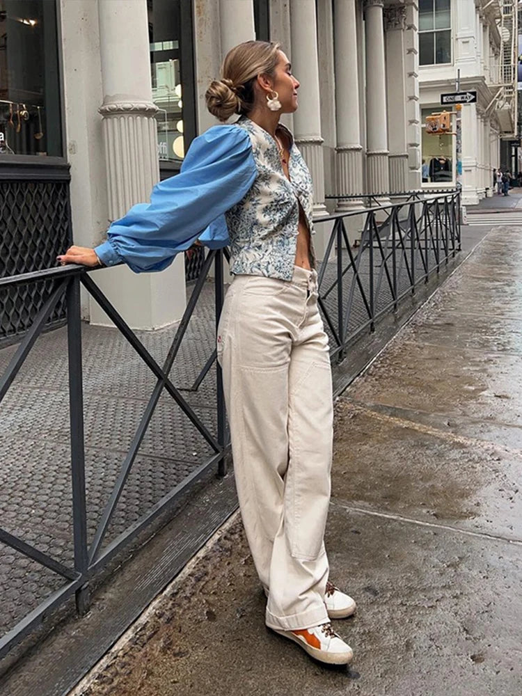 Fashion Print Lantern Sleeve Shirt Women Loose Buttons V-neck Split Female Top Summer Lady Patchwork Blue Streetwear