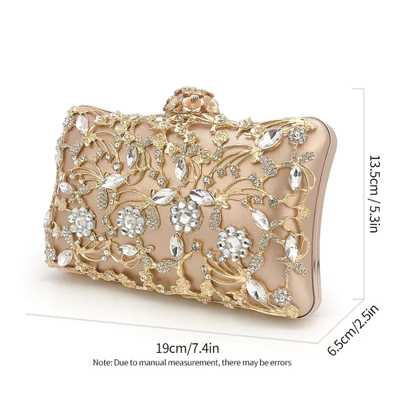 Hollow Rhinestone Evening Bag Elegant Box Clutch Purse Women's Handbags For Party Prom Wedding Gold