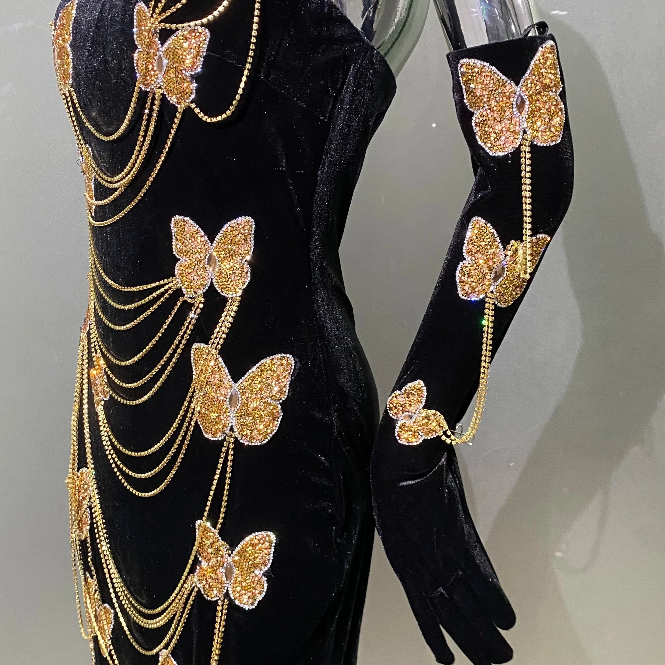 Fashionable Gloves Gold Shining Diamond Butterfly Strapless Black Long Dress Celebrity Luxury Evening Dress Performance costume
