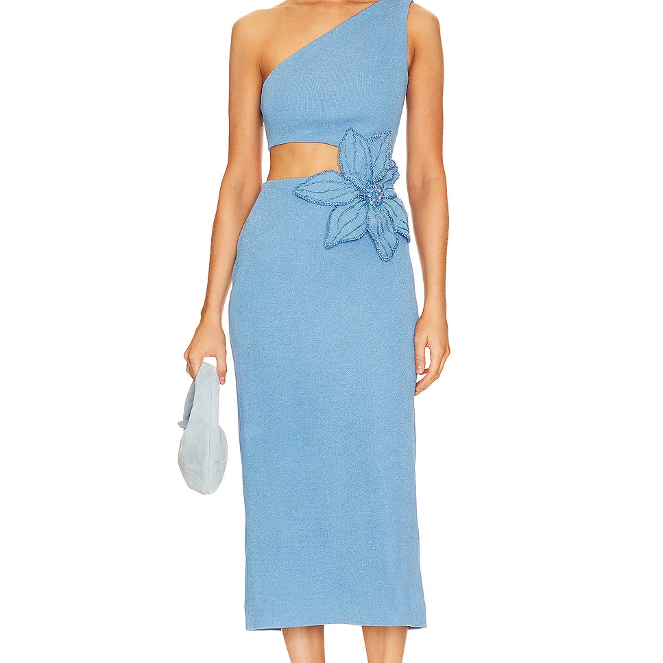 Blue Color Beading Flower Sexy One Shoulder Expose waist Mid Calf Bandage Dress Elegant Woman Evening Dress Cocktai Party Outfit