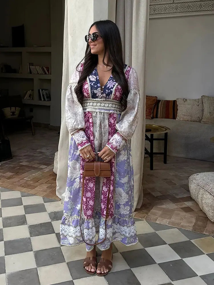Fashion Patchwork Print Maxi Dress Women Long Sleeve V Neck High Waist Vestidos Female Vacation Party Club Robes