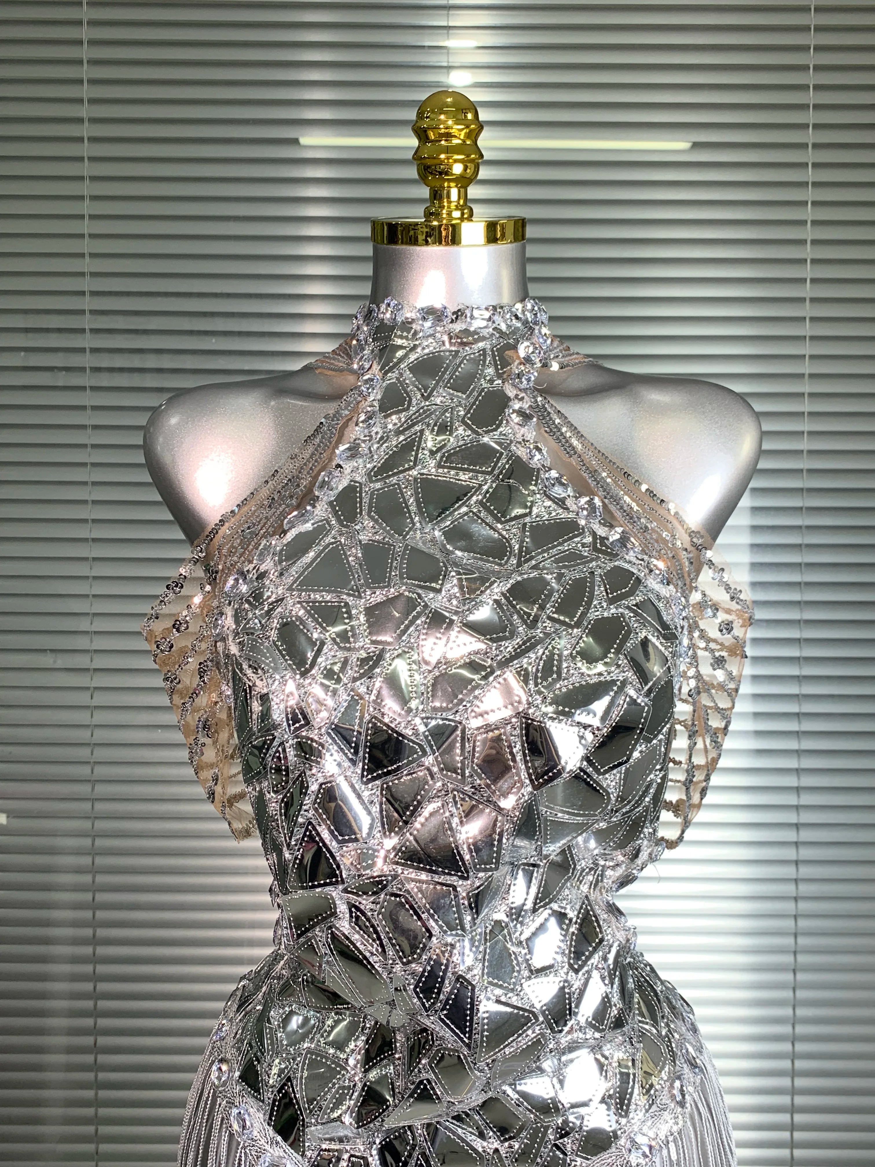 Women Sexy Y2K Silver Tassel Mini Dress Sparkly Sequins Night Club Performance Costume Stage Dancer Night Club Party Dress