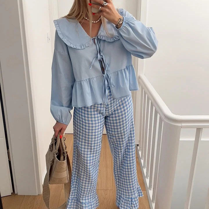 Chic Lace Up Pleated Women Shirts Blouses Lantern Sleeve White Female Streetwear Loose Spring Summer Lapel Elegant Lady Top blue