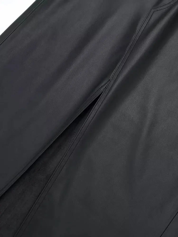 TRAF 2023 Autumn Women's Zipper Fly Lady Skirts Mujer Side Pockets Faux Leather Midi Skirt Clothing