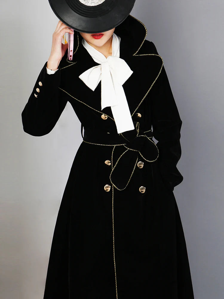Spring Autumn Long Black Velvet Trench Coat for Women with Gold Trim Sashes Double Breasted Luxury Designer Fashion 2022 Black