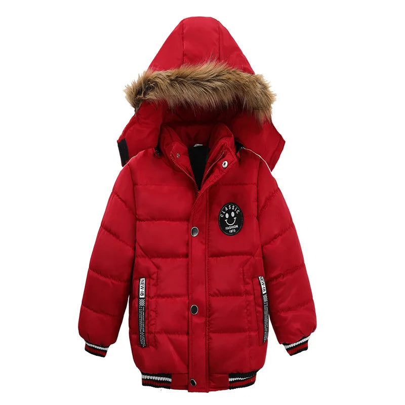 Winter Boys Jacket Warm Fur Collar Parkas Fashion Baby Girls Thicen Coats Hooded Zipper Casual All-match Outerwear Kids Clothes red