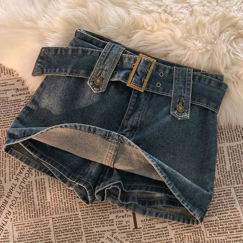 Gidyq Vintage Denim Mini Skirts Women Summer Sexy Solid Belt Jeans Skirts Female Casual Ball Gown Korean Slim A Line Skirts Vintage Blue