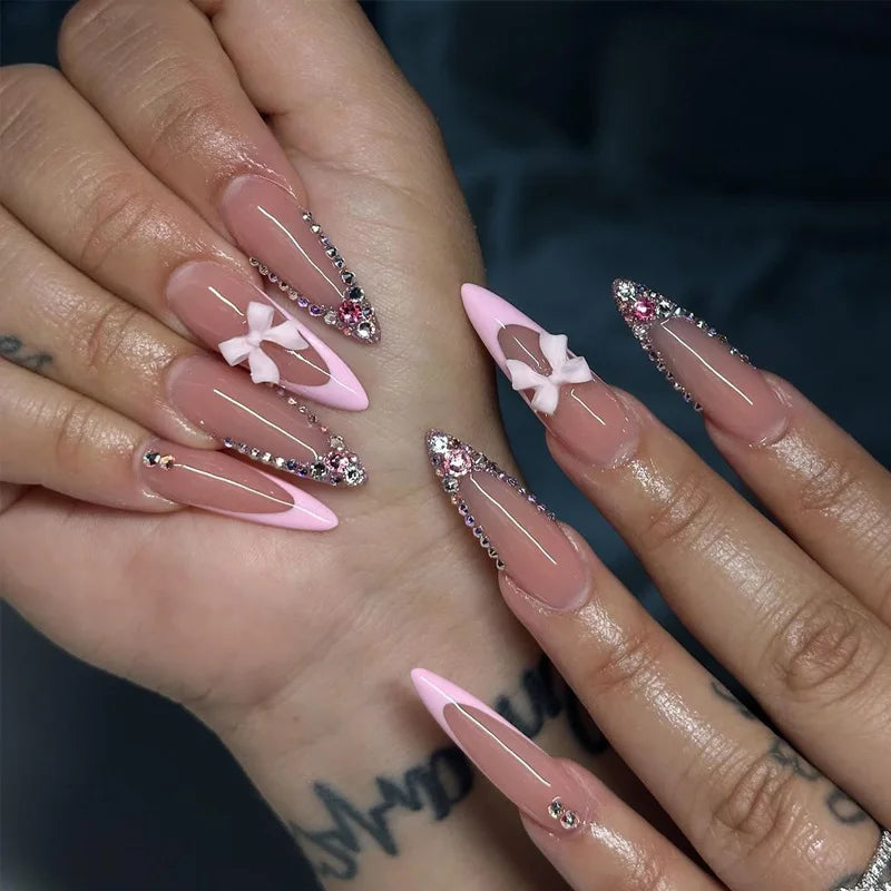 24pcs Long Stiletto Almond Fake Nails Art Wearable Pink Bow Design False Nail with Pearl Design French Press on Nails Finished