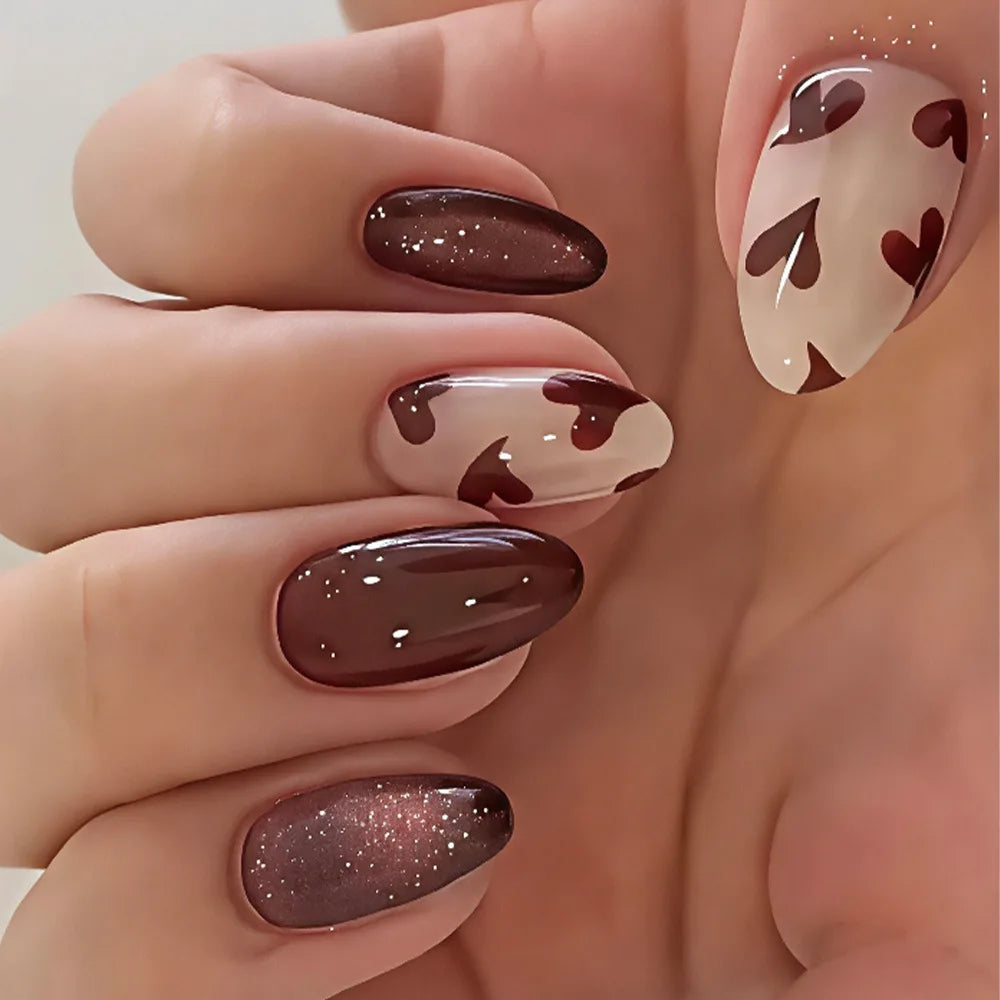 24pcs Shiny Power Design Press on Nails Autumn and Winter Wine Red Mid-length Almond False Nail Finished Love Pattern Fake Nails