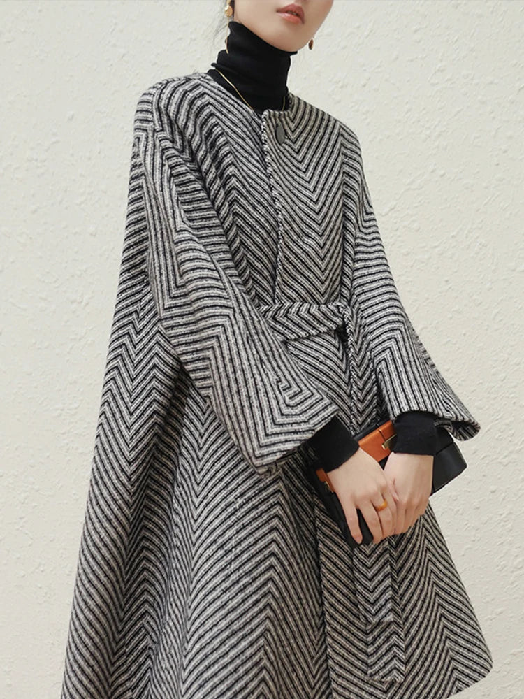 Autumn Winter Black and White Zigzag Woolen Coat Women Sashes A Line Loose Elegant Stylish Runway Korean Fashion 2022 Multicolor