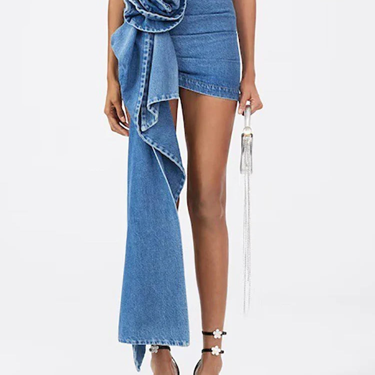 DEAT Fashion Women's Skirt High Waist Three-dimensional Rose Flower Asymmetric Blue Denim Short Skirts Summer New 17A8357