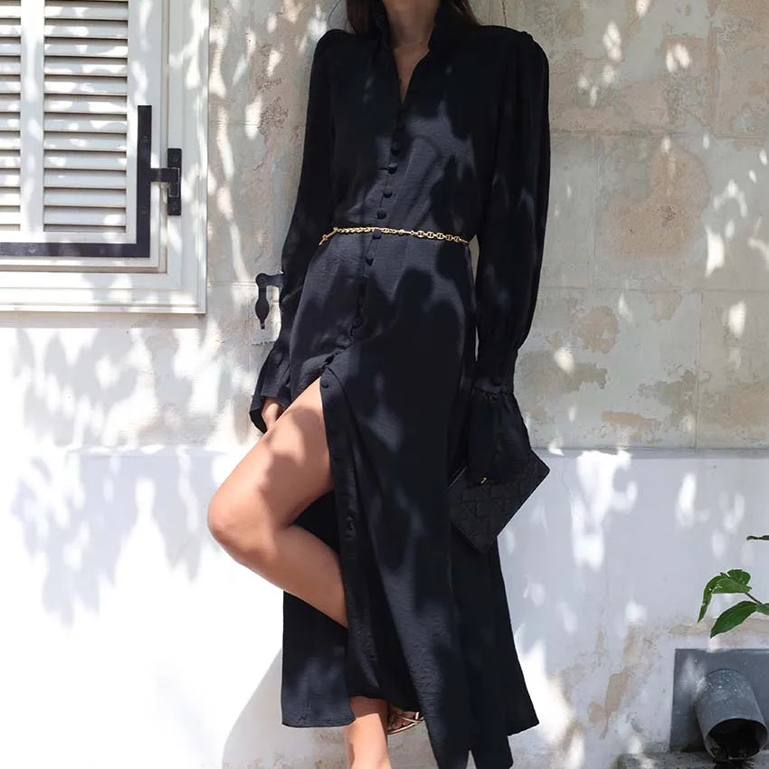 Elegant Blue Straight Womens Dresses Fashion Single Breasted Long Sleeve Dresses Casual Side Slit Mid-Calf Dress Female